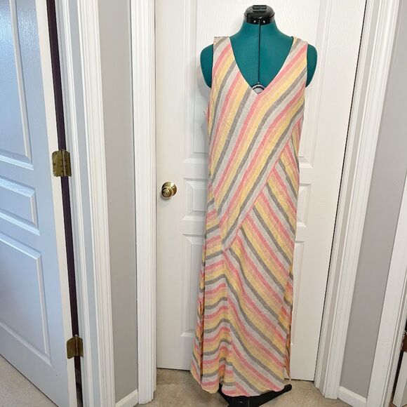 J. Jill Love Linen Maxi Stripe Asymmetrical Bias V Neck Sleeveless Lined Dress - Picture 1 of 15